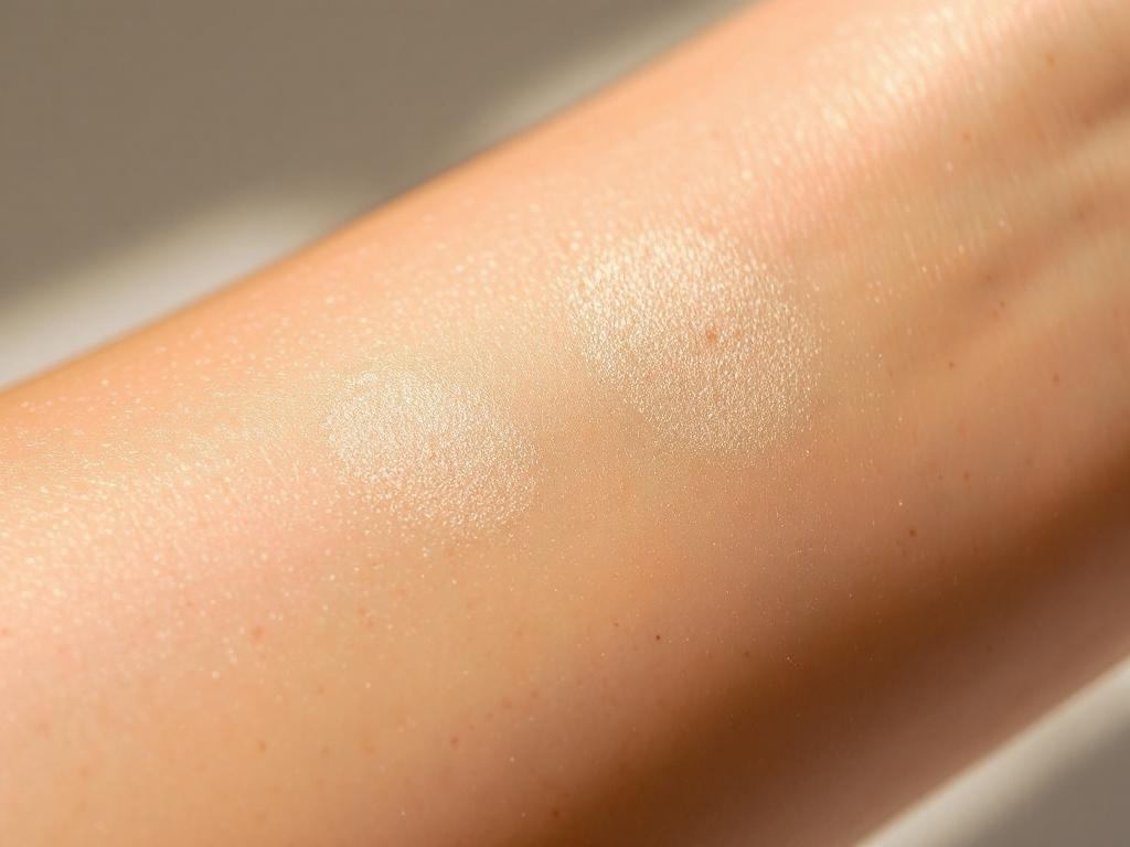 Close-up of a forearm in natural daylight showing a mix of small light freckles and one or two larger, darker sunspots. The two should be visually distinguishable — freckles softer-edged and lighter, sunspots sharper and darker. Composition tight eno