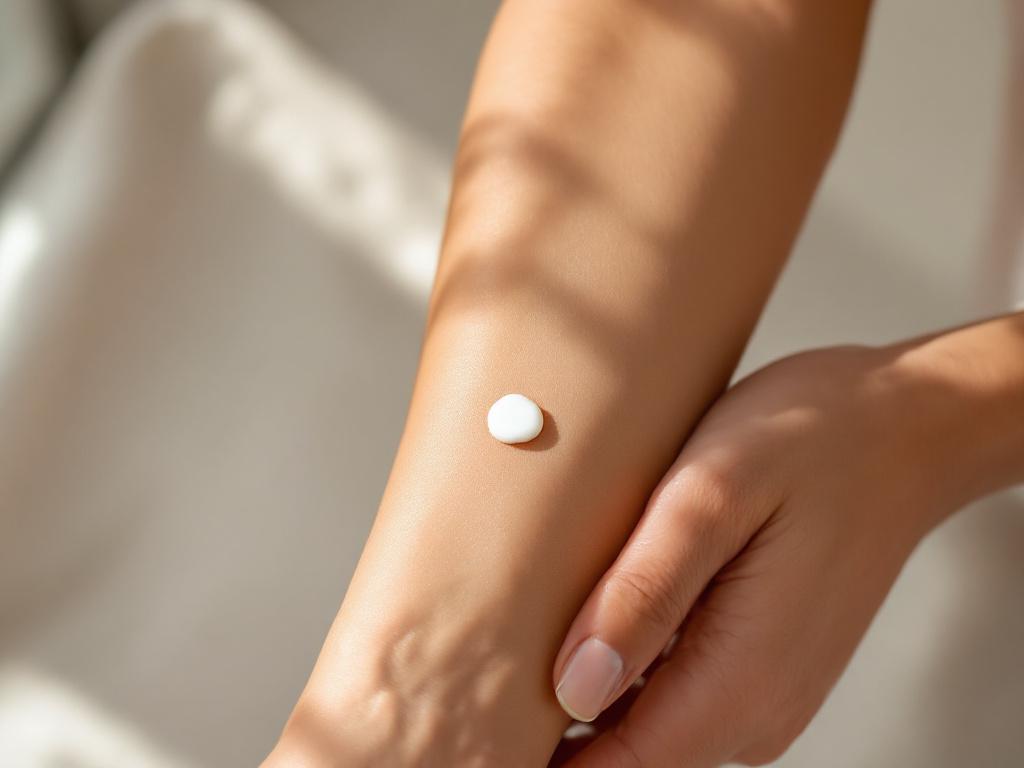 Hands applying broad-spectrum sunscreen to the back of a forearm, showing a realistic dollop of product (closer to a teaspoon than a pea) and visible distribution. Natural lighting, mid-shot, focus on application technique rather than product brandin