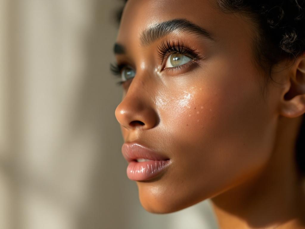 Mid-distance portrait showing the side profile of a face with visible mixed pigmentation — some lighter freckles across the cheekbone and a darker, sharper sunspot near the temple. Diverse skin tone preferred (not the default fair-skin freckled stere