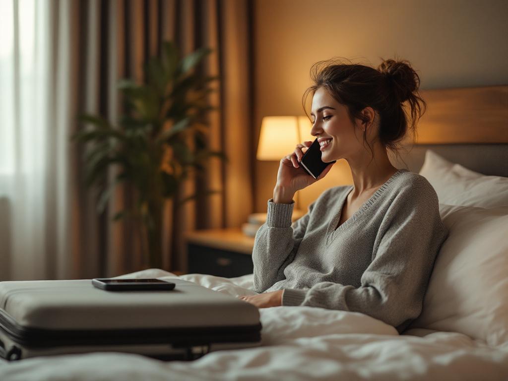 Hero image — a guest sitting on a hotel bed in evening warm lighting, holding a phone to their ear with a relaxed expression, suitcase half-unpacked beside them. Captures the natural moment when voice replaces a trip to the front desk. Shot from a sl