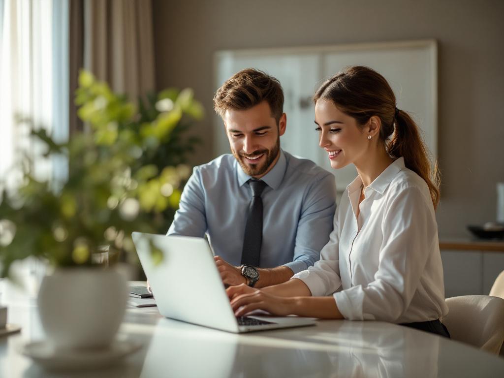 A hotel duty manager and a front-desk agent looking at a laptop screen together at the front desk, late afternoon lighting, dashboard visible but not legible (privacy + composition). Captures the staff-enablement reality of monitoring.