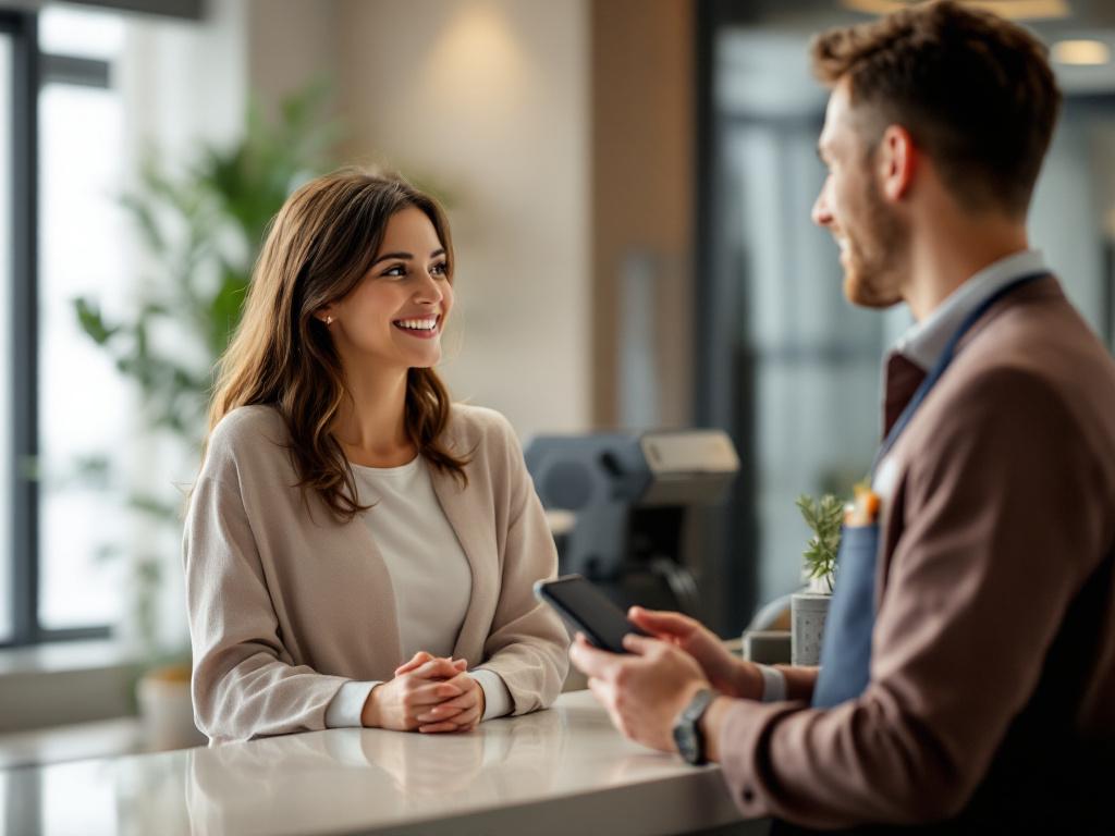A guest standing at a hotel front desk having a conversation with a smiling staff member, while in the foreground (slightly out of focus) another guest is on their phone — visual reinforcement that voice and human channels coexist rather than replace