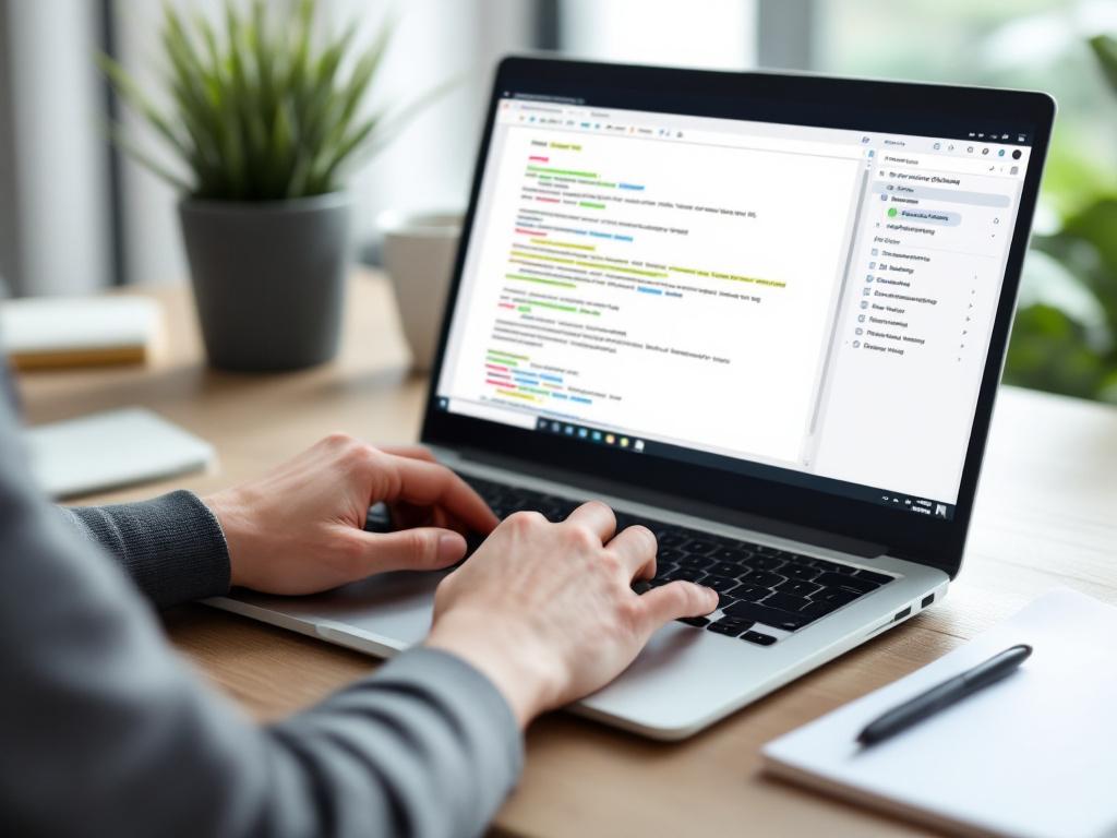A laptop on a wooden desk with a writer's hand mid-edit; the screen shows a document with colored underlines and a sidebar of suggestions visible (representing analytical feedback, not generated text). Soft natural light, no stock-photo cliché of glo