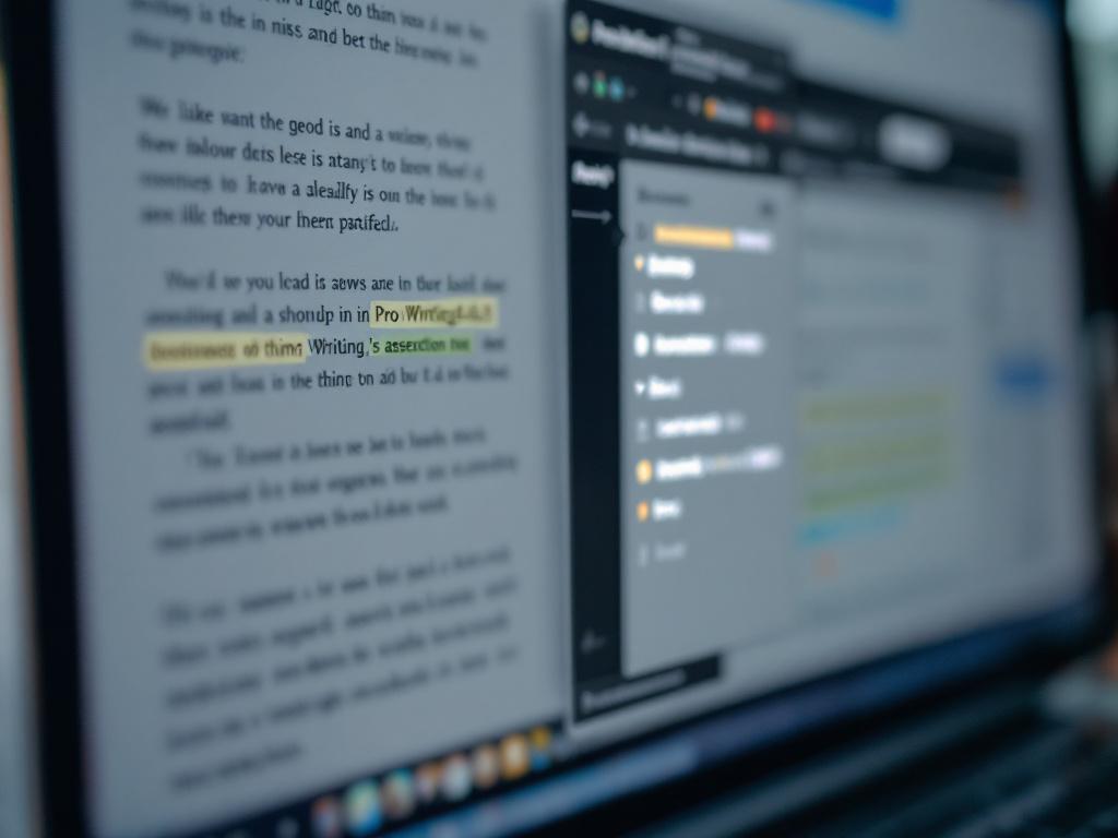 Close-up of a writer's screen split into two windows — left side a draft document with text highlighted, right side the ProWritingAid suggestion sidebar with a specific suggestion expanded showing the rationale. Annotated with subtle arrows pointing 
