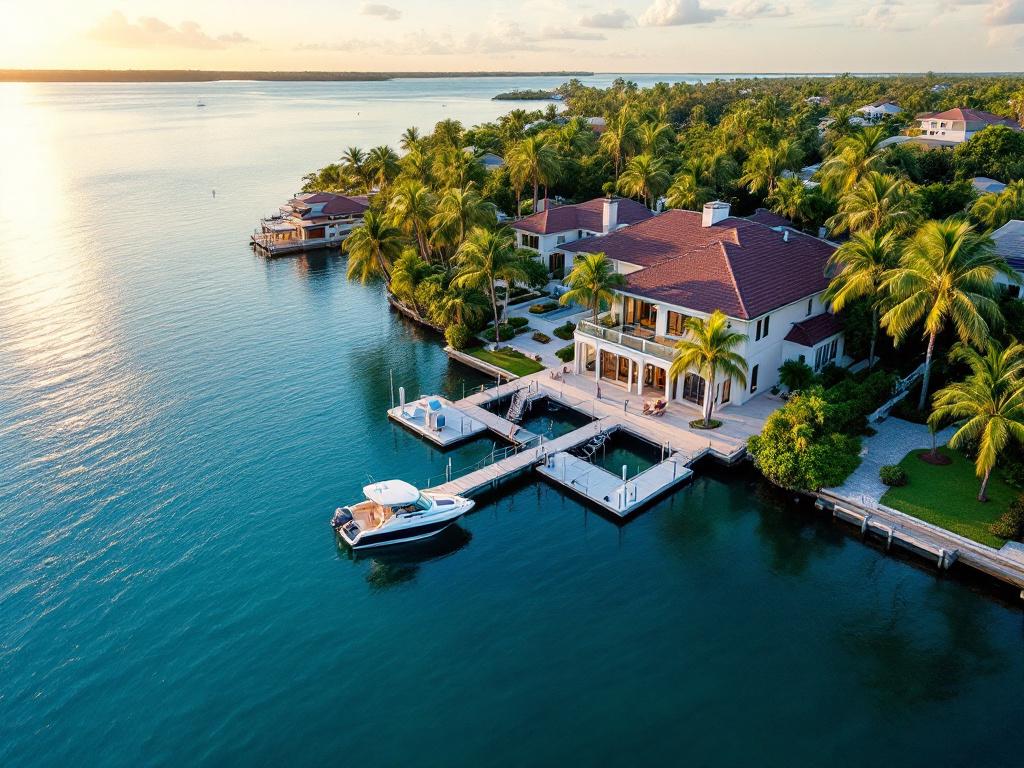 Wide-angle aerial or eye-level shot of a Jupiter waterfront home — Intracoastal or Loxahatchee River frontage, palm trees, dock with boat, late-afternoon light. Should signal "Jupiter premium residential" not generic Florida.