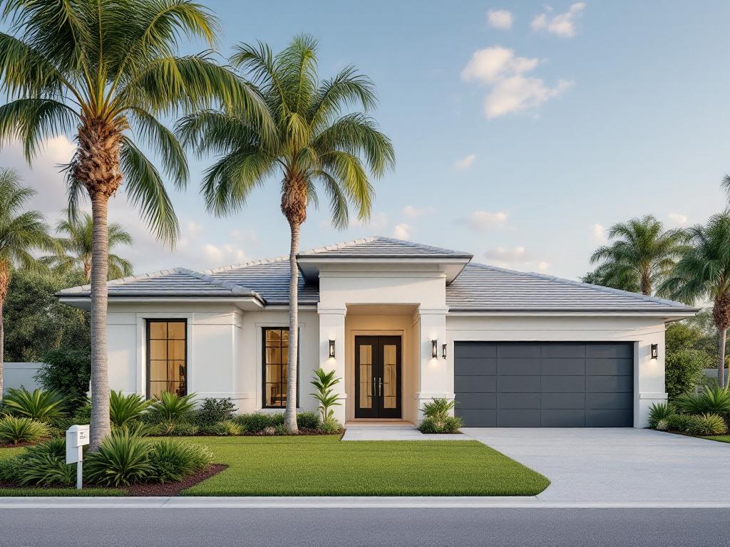 $1M tier — single-family home in golf community, 3BR scale, contemporary but not luxury. Front exterior, daytime, palm landscaping.