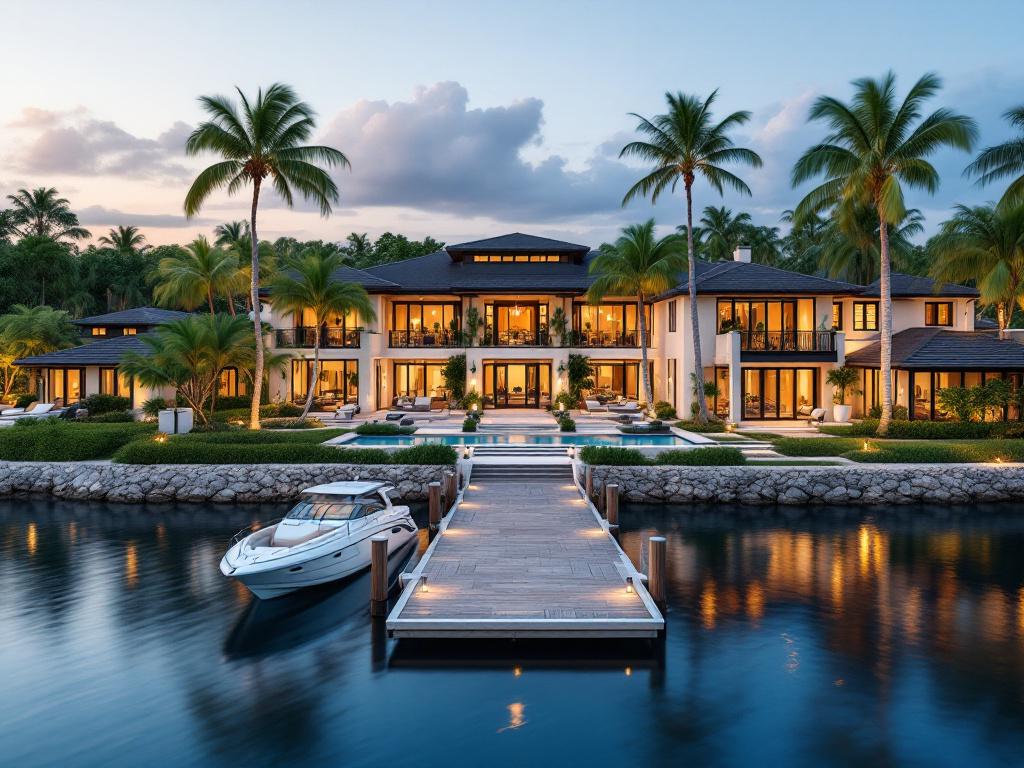 $3M+ tier — architectural waterfront estate, deepwater dock with boat, manicured grounds, signaling ultra-luxury without being a stock-photo cliché.