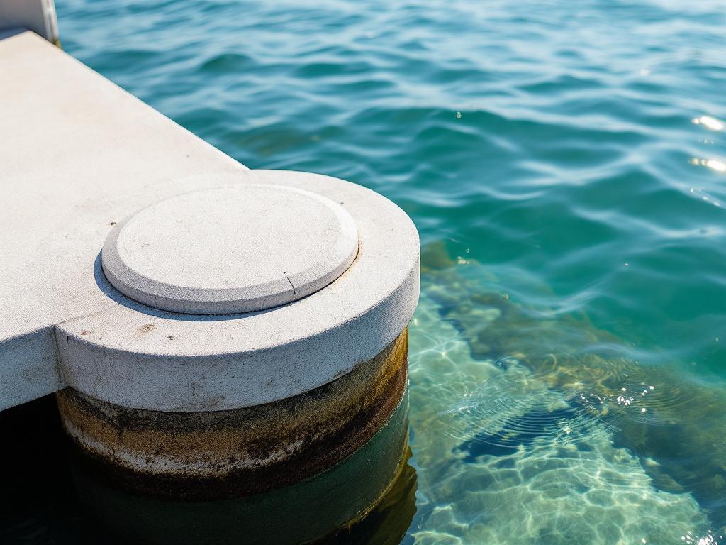 Close-up of a private dock and seawall — concrete cap, pilings, water visible. The shot should communicate "asset to be inspected" not "lifestyle dream."