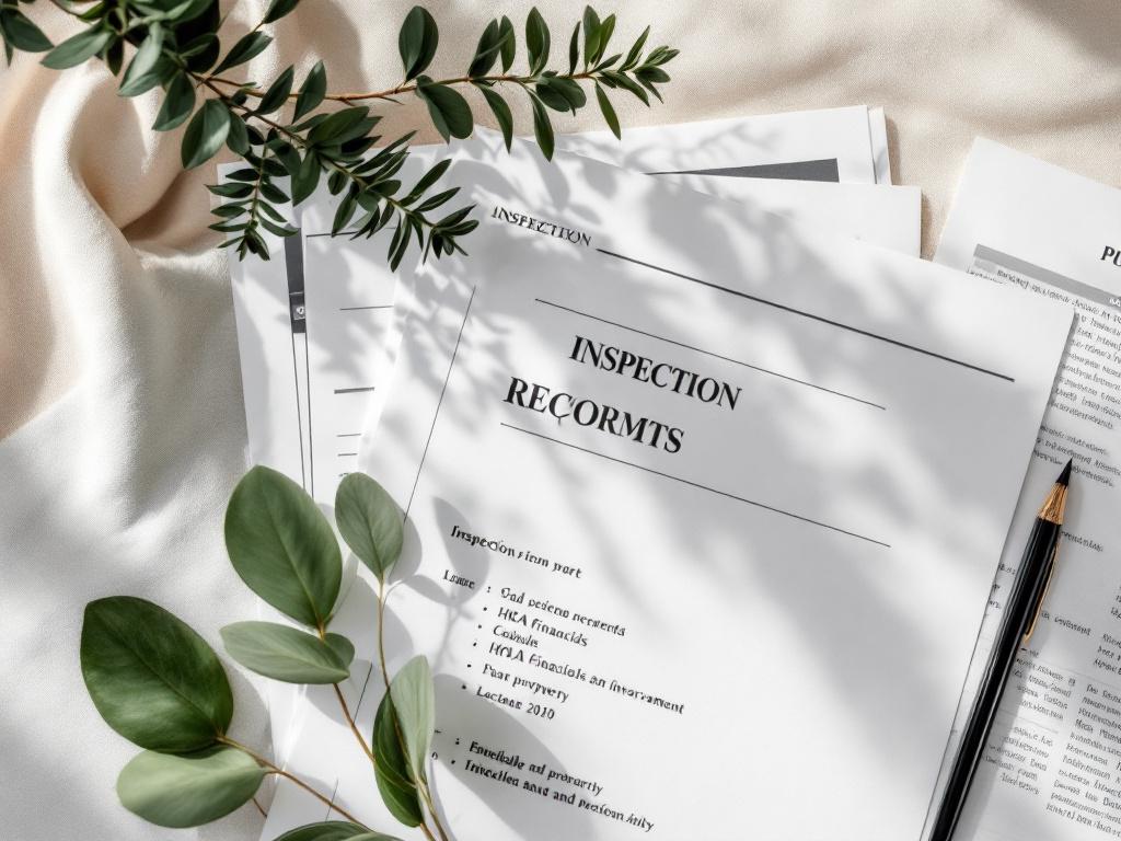 Flat-lay or close-up of a stack of inspection reports, HOA financials, and a property survey. Should signal "this is what due diligence physically looks like."