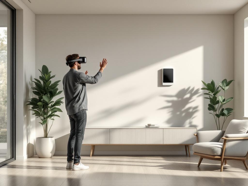 Wide-angle shot of a designer wearing a VR headset standing in an empty modern living room, hands raised mid-gesture as if placing an invisible device on a wall. Natural daylight, neutral interior. Caption: "Walking the space before the wires go