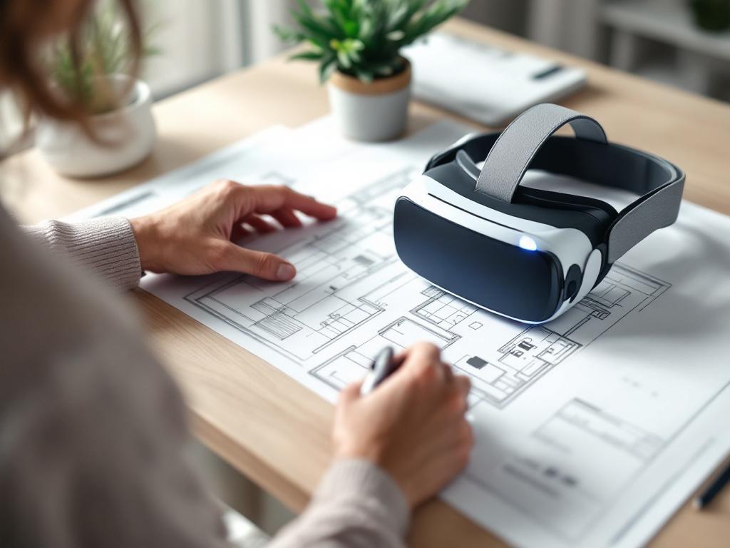 Mid-shot of a designer pulling a VR headset off, looking at a paper floor plan and an electrical schematic on a desk. Caption: "VR plans need physical-world validation before installation."