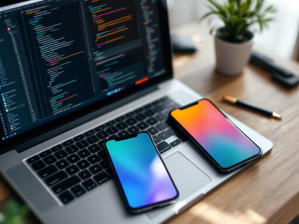 A developer's desk with two phones side-by-side (one iOS, one Android) running the same app, laptop displaying split-screen IDE with Dart on one side and Kotlin on the other. Shot from slightly above, natural light.