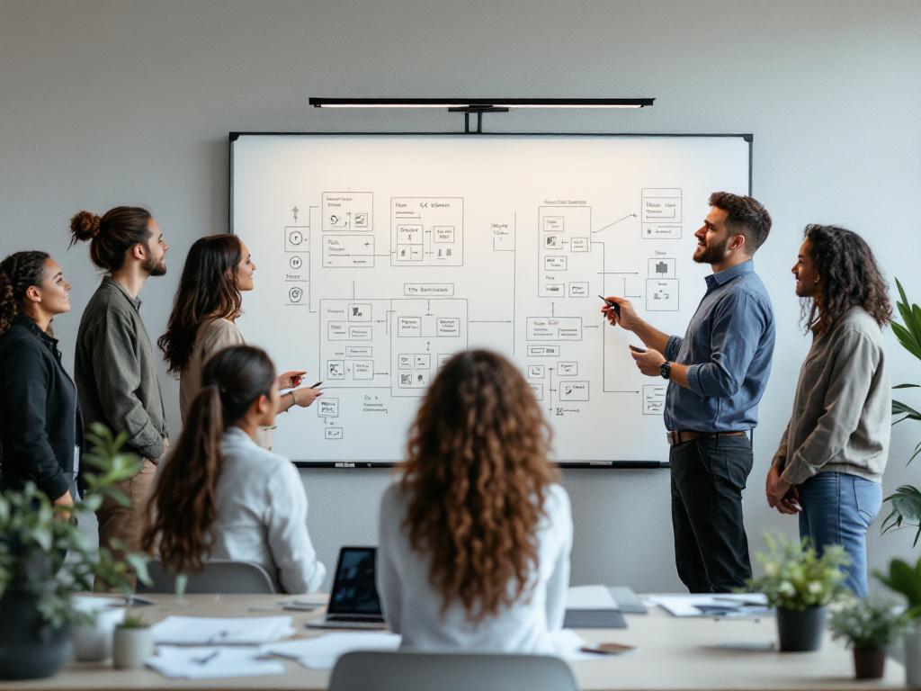 A diverse engineering team in a standup meeting around a whiteboard with iOS and Android architecture diagrams; whiteboard shows actual technical content (not stock-photo cliché).