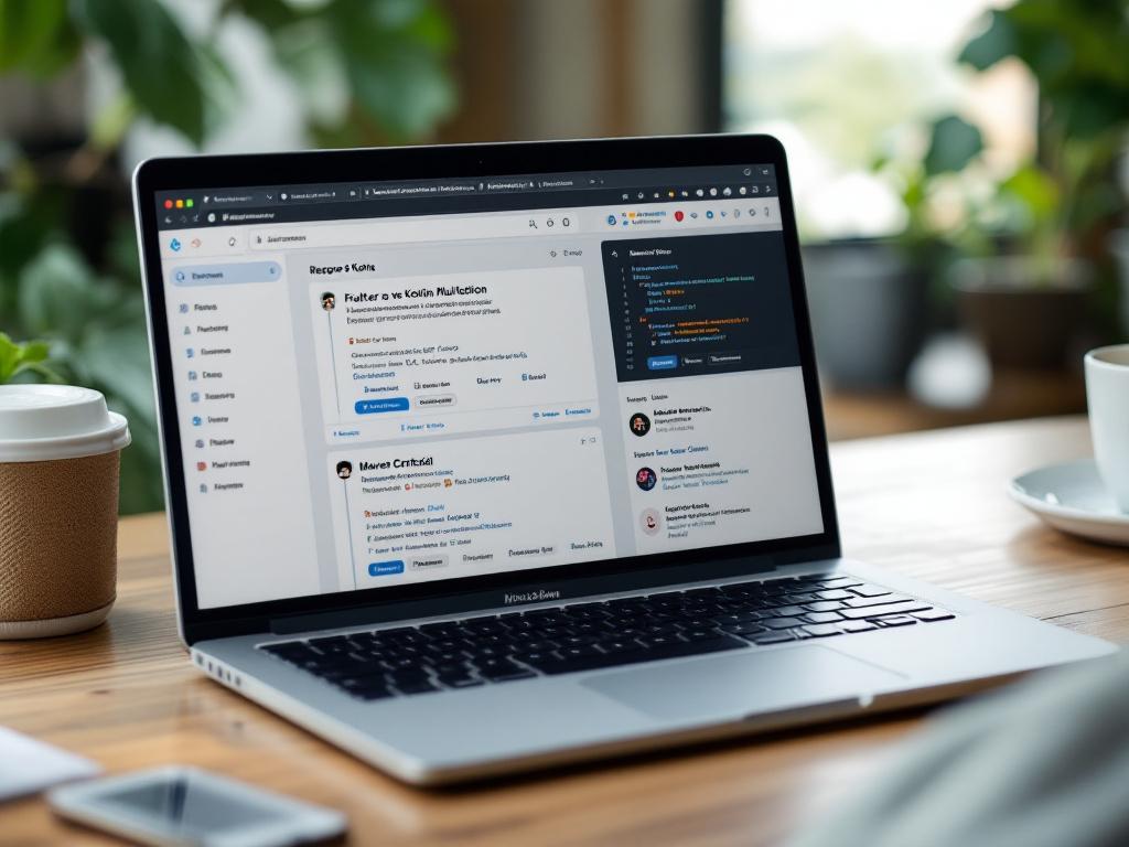 A laptop screen showing GitHub repository pages or package registries side-by-side (pub.dev and Maven Central, or repo star counts). Shot over the shoulder, naturalistic.