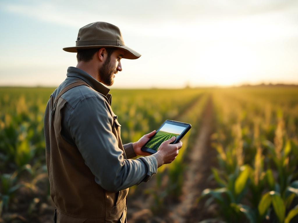 Wide shot, mid-morning light, farmer in work clothes standing at the edge of a row crop field (corn or soy) holding a rugged tablet at chest height, screen angled toward the field. Camera angle from behind/over shoulder so the viewer sees both the li