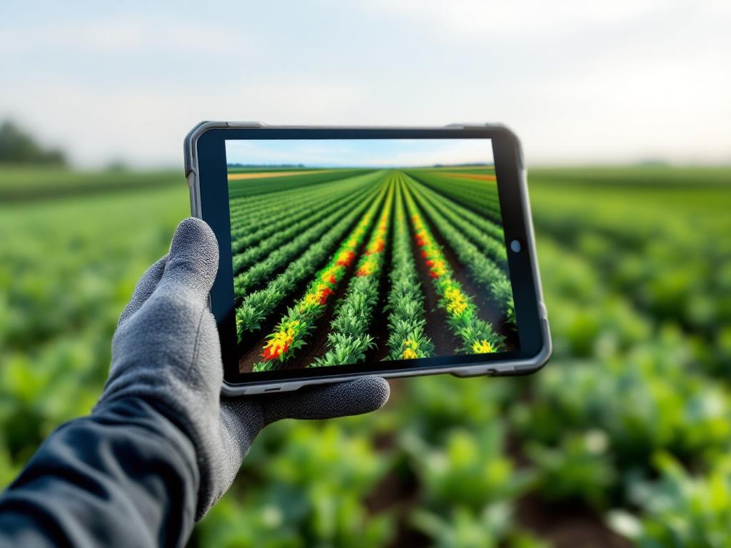 Close-up of a rugged tablet held in a gloved hand with a row crop in the background. Tablet screen shows a color-coded canopy overlay (red/yellow/green zones) visibly aligned with the actual rows behind it. Composition emphasizes the alignment betwee