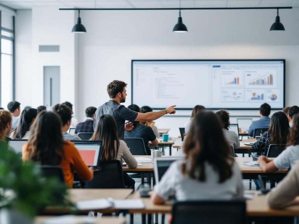 A mid-shot of a real classroom in session — roughly 20 students at mixed devices (some laptops, some tablets, one or two with paper notebooks). Teacher is kneeling beside one student's desk, pointing at the screen. Other students are visibly working 