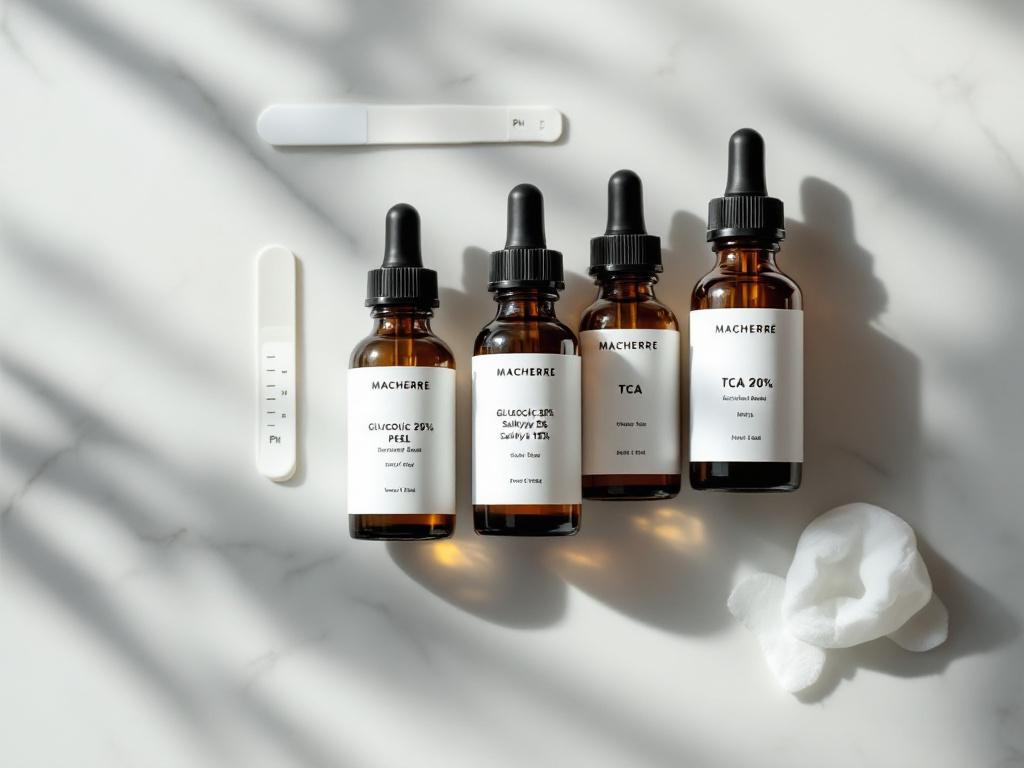 Overhead flat-lay shot of three professional peel vials lined up left-to-right — labeled glycolic 20%, salicylic 15%, TCA 20% — on white marble with a pH testing strip and a single cotton applicator beside them. Soft natural light, clinical aesthetic