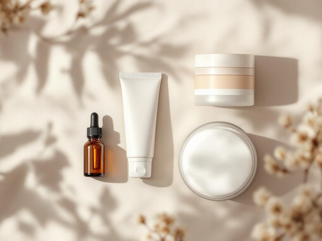 Flat-lay on a beige linen surface — small amber dropper bottle (retinoid), tube of zinc oxide sunscreen, ceramide moisturizer jar, and a cotton round, arranged in a sequence representing pre-peel and post-peel routine. Top-down angle, soft daylight.
