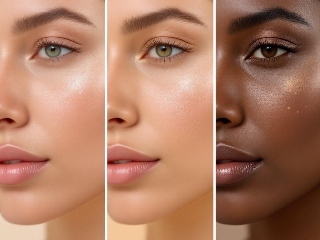 Close-up cropped portrait composite — three women's cheek/jaw area side by side, representing fair, medium, and deep skin tones, each showing a different type of hyperpigmentation (sun spots on fair, post-acne marks on medium, melasma cheek pattern o