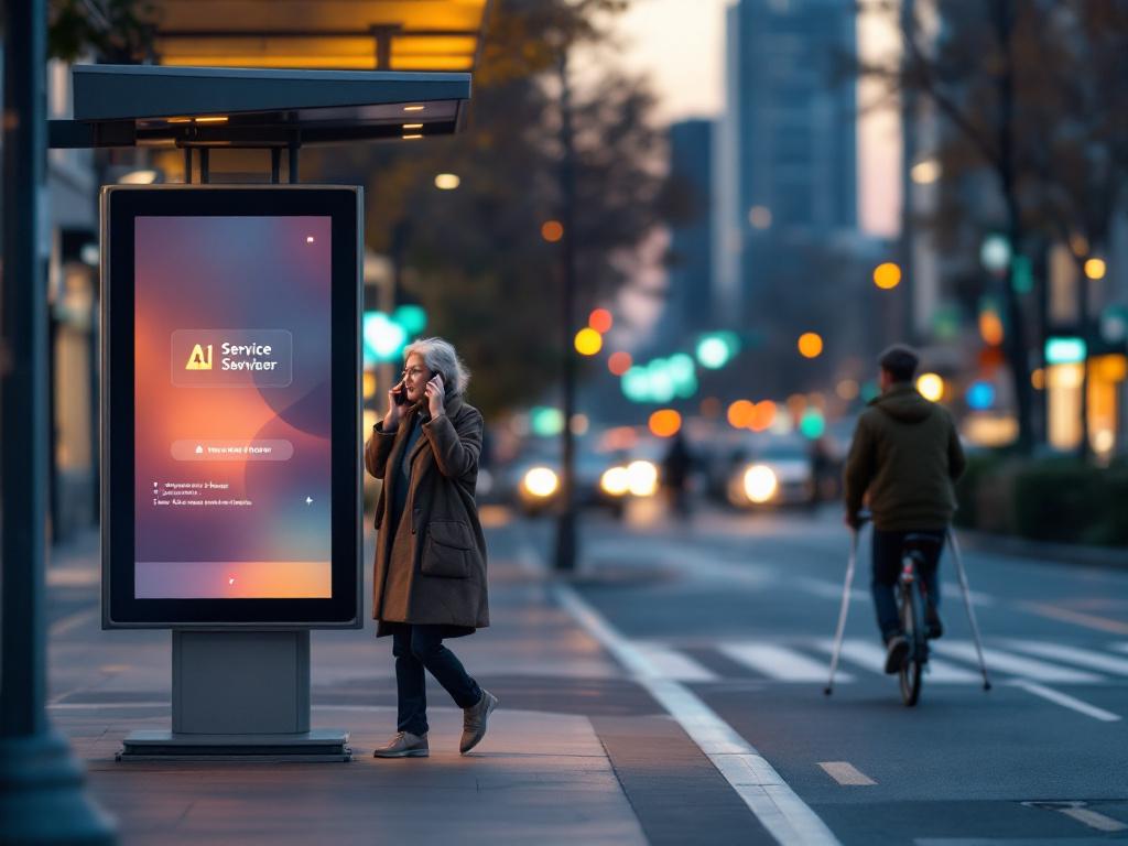 A city street at dusk — bus stop with a digital display showing a service alert, an older woman holding a phone to her ear, a delivery cyclist passing through frame, a person with a white cane on the curb. Mid-distance shot, real urban texture, no st