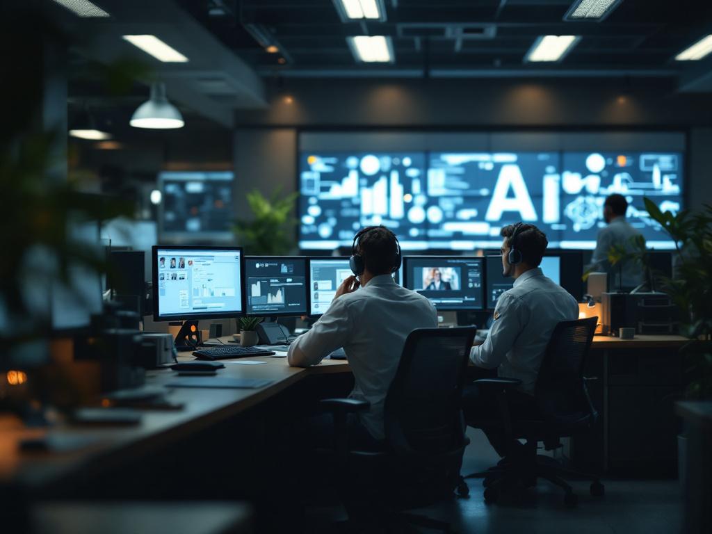 Wide shot of a city emergency operations or 311 dispatch center — staff at workstations with multiple monitors, headsets visible. Real, slightly cluttered, not staged. Caption-ready scene that signals operational reality, not marketing.