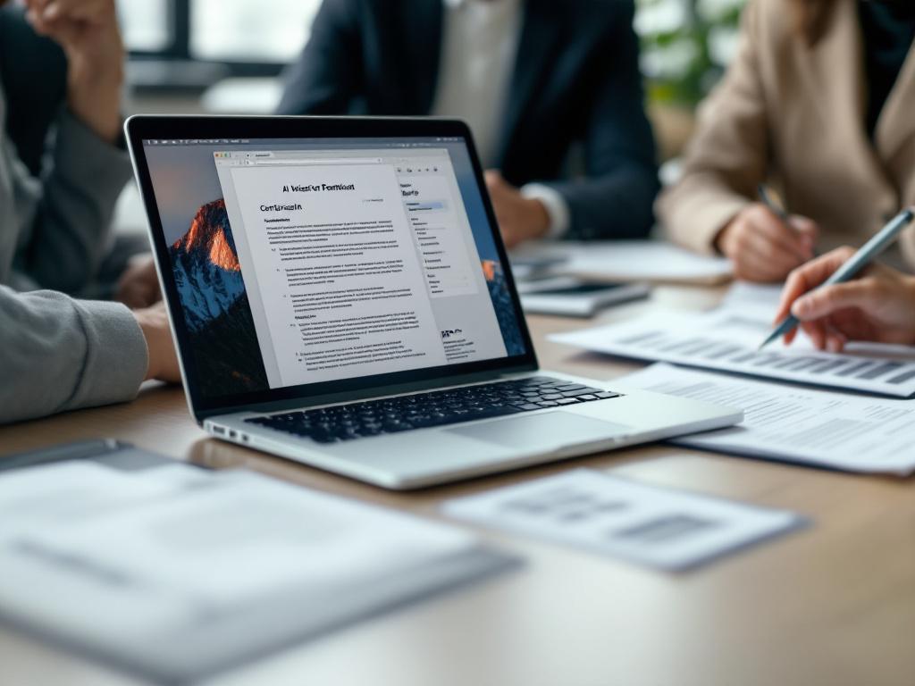 A procurement or planning meeting — laptop open with a contract on screen, printed RFP pages on the table, two or three people mid-discussion. Mid-distance, real office, not staged.