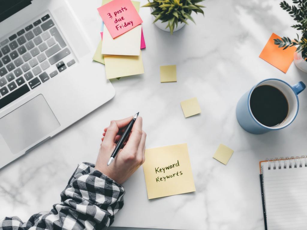 A senior marketer's desk mid-week — laptop showing a half-written blog draft, sticky notes with "3 posts due Friday," a coffee cup, a notebook with keyword scribbles. Shot from a slight overhead angle, natural light. Anchors the time-pressu