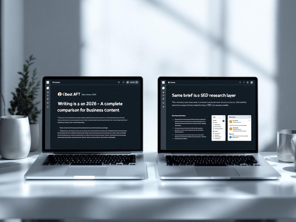 Side-by-side laptop screenshot mockup — left screen shows a generic ChatGPT draft on a marketing topic with visible filler phrasing; right screen shows the same topic in an agent-based tool with a keyword brief panel and SERP context visible. Caption