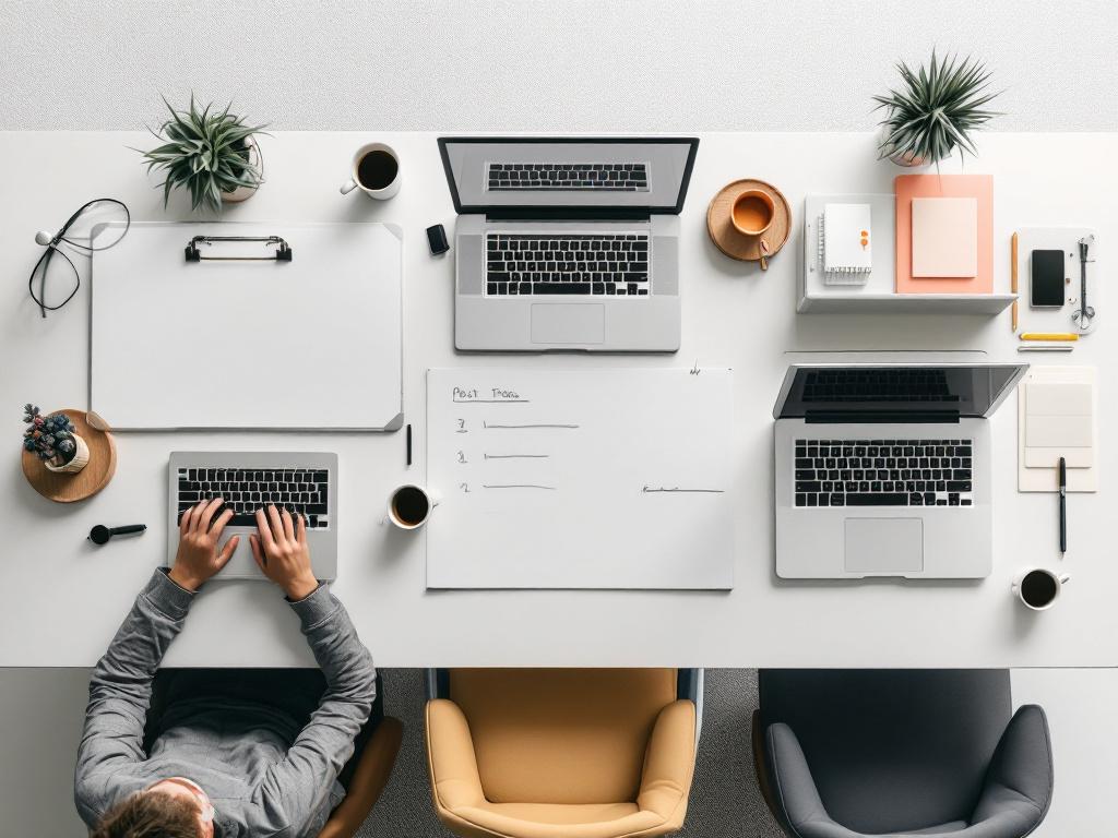 Flat-lay overhead shot of three workspaces side-by-side: a single laptop with a coffee mug (solopreneur), a small team's shared workspace with two laptops and a whiteboard listing post topics (small team), and a fuller agency setup with multiple moni