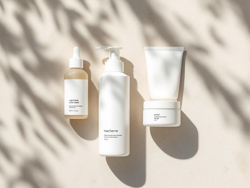 Hero shot of four core products — a gentle cleanser bottle, a small spot-treatment tube, a basic moisturizer jar, and a mineral SPF — arranged on a textured neutral-stone surface, soft natural light from upper left, no branding visible. Composition c