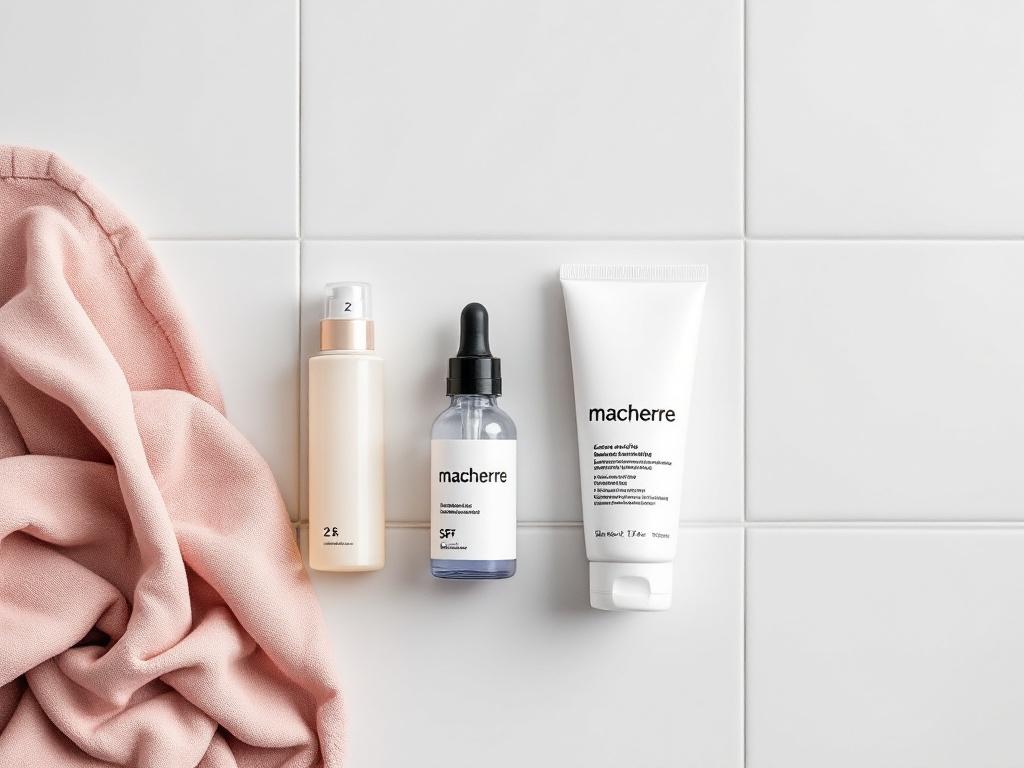 Overhead flat-lay of the four-step sequence laid out in order on a white tile surface — cleanser, small active tube, moisturizer, SPF — with hand-written numbered tags (1, 2, 3, 4) beside each. Realistic, not over-styled.