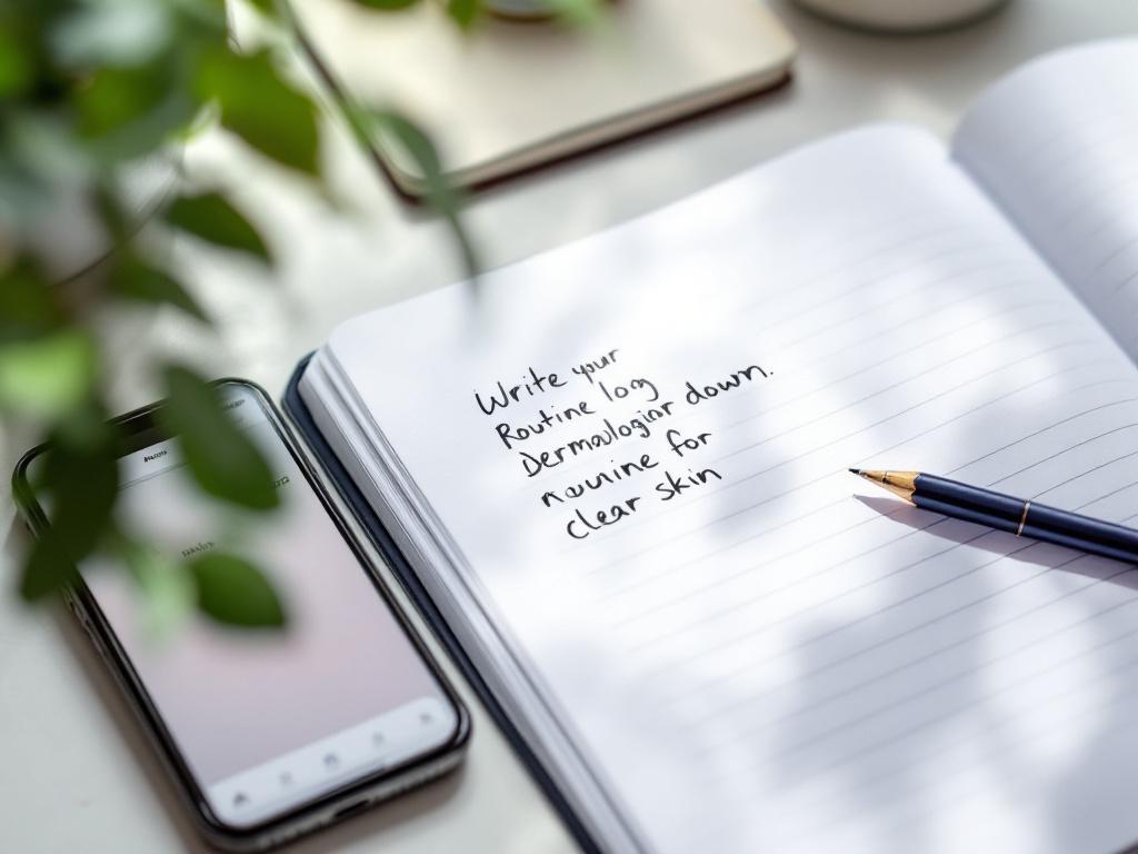Close-up of a hand-written daily skincare log on lined paper or in a notebook beside a phone showing a tracking app interface — the visual translation of "write your routine down." Natural desk lighting.