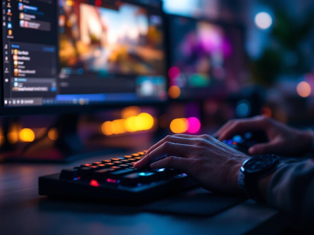 Hero shot — close-up of a streamer's hands on mechanical keyboard, dual monitors visible in soft focus showing OBS scene preview on left and gameplay on right, RGB lighting providing warm bokeh, shallow depth of field. Professional but not staged.