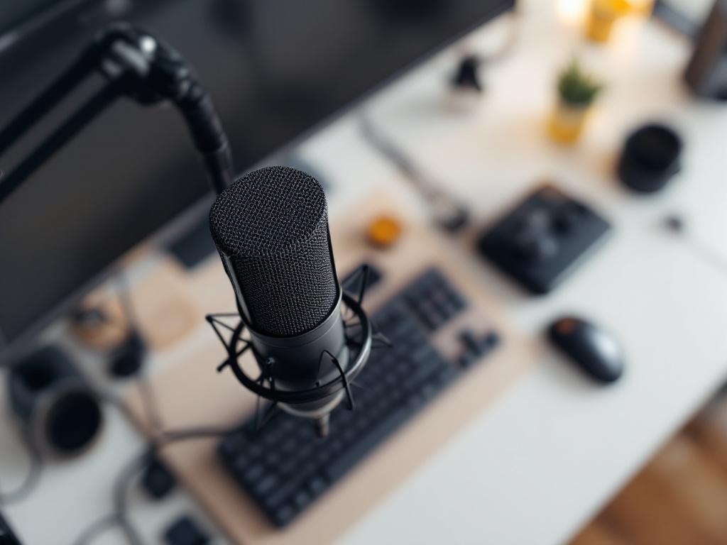 Overhead 90-degree shot of a streaming desk: cardioid condenser microphone on boom arm in foreground, small audio interface or mixer with visible level knobs, mechanical keyboard, dual monitors at edges of frame. Cables managed but visible. Daylight-