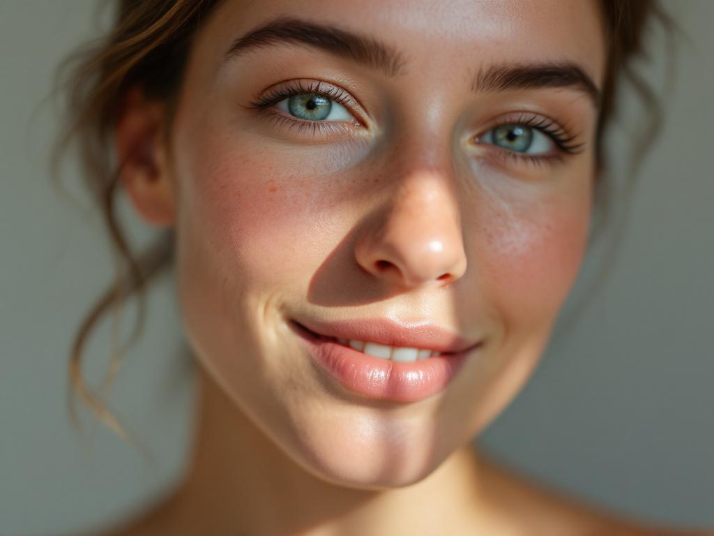 Hero image, close-up of a fair-skinned face in soft natural daylight showing visible freckling, slight redness across cheeks/nose bridge, and the translucent quality typical of low-melanin skin. Shot at slight angle, no heavy makeup, neutral backgrou