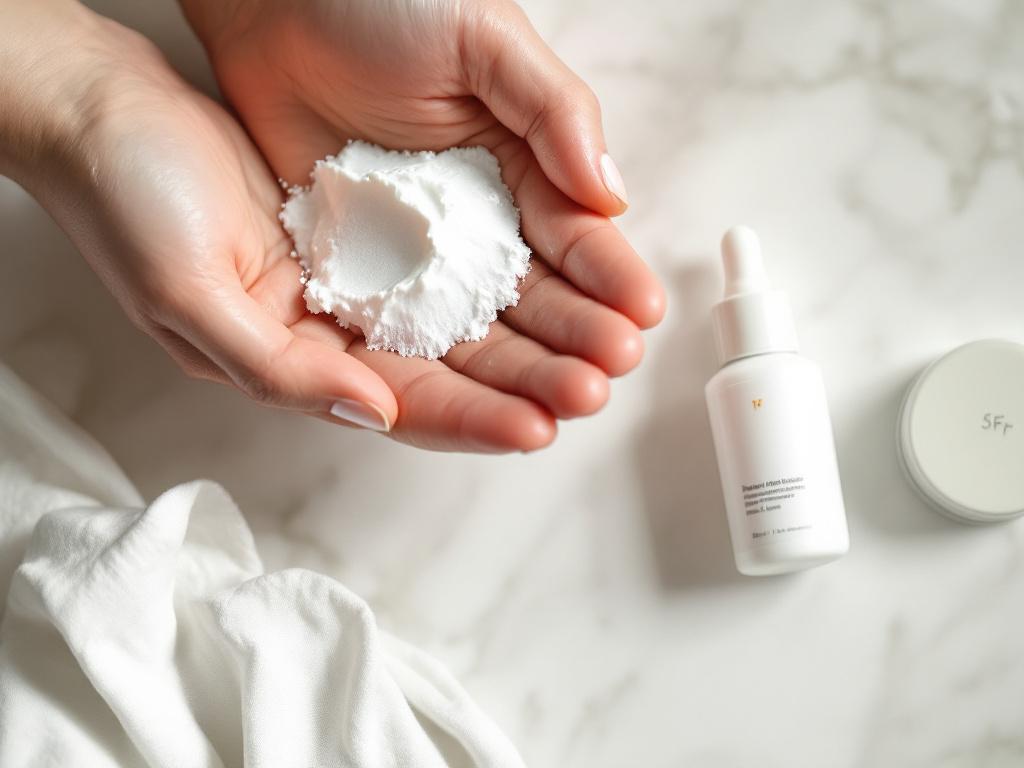 Overhead close-up of an open palm with a measured 1/4 teaspoon dollop of mineral sunscreen, alongside a labeled product bottle. Adjacent to it, a second flat-lay showing the layering order: serum bottle → moisturizer jar → SPF tube → primer, arranged