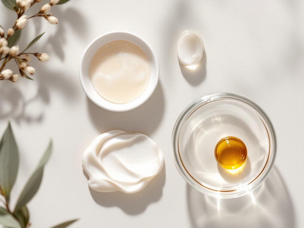 Flat-lay on neutral matte surface showing four texture swatches side-by-side at consistent scale: clear essence pooled in a small white dish, translucent gel dolloped on the back of a hand, thick white cream swatched in a smear, and a single golden o