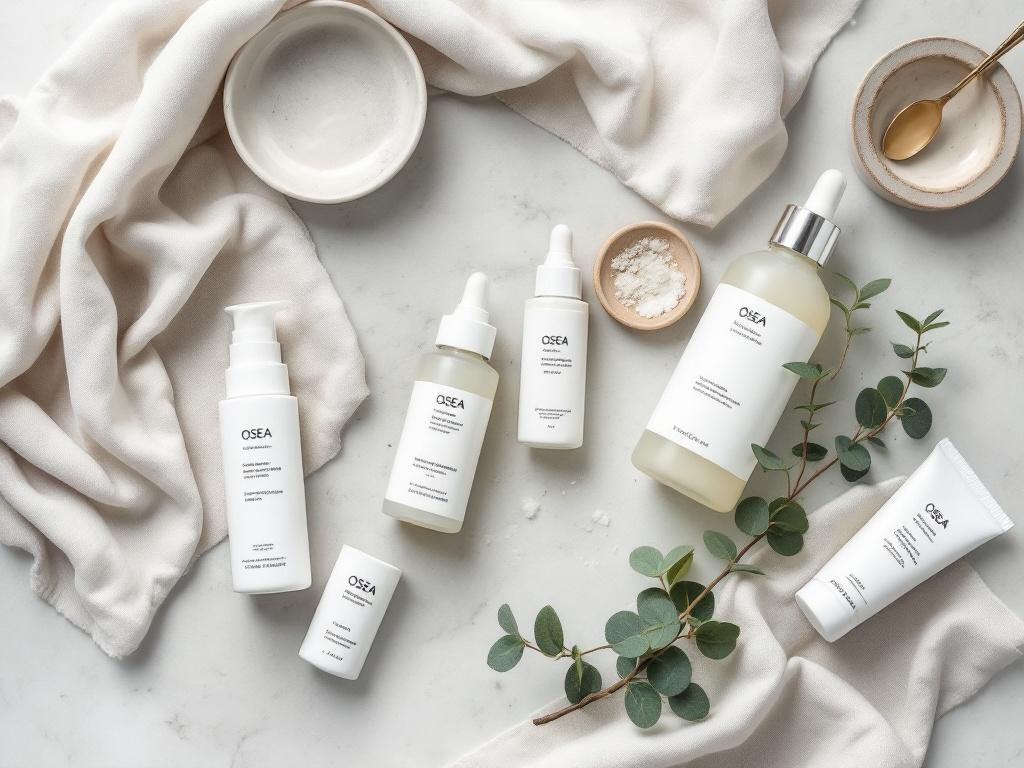 Hero image — overhead flat lay on a pale stone or concrete surface showing 3–4 OSEA bottles (Hyaluronic Sea Serum, Atmosphere Protection Cream, Ocean Cleanser) with a linen cloth, eucalyptus sprig, and a small ceramic dish. Natural side lighting, sli