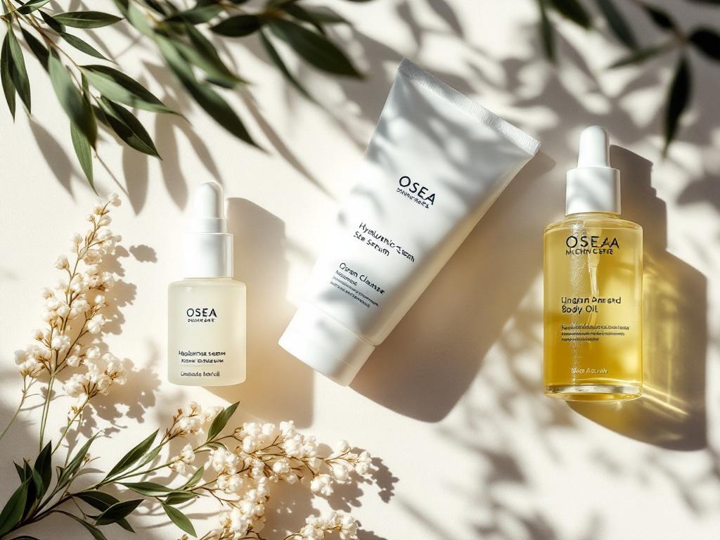 Product flat lay — the OSEA core lineup (Hyaluronic Sea Serum, Atmosphere Cream, Ocean Cleanser, Undaria Body Oil) arranged in a row on a neutral surface with size scale visible. Soft natural light. Caption notes prices were verified at publication d