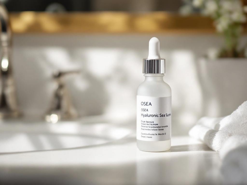 Close-up of a single OSEA Hyaluronic Sea Serum bottle on a bathroom counter, dropper visible, morning light. Singular focus reinforces the "start with one product" message.