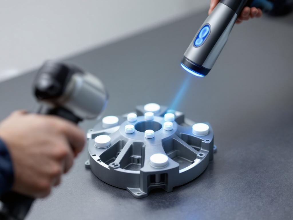 Medium-shot industrial part — a metal turbine housing or CNC-machined block — sitting on a matte work surface, with 8–10 white circular reflective markers placed across its visible faces in a non-uniform pattern. A handheld blue-laser scanner positio