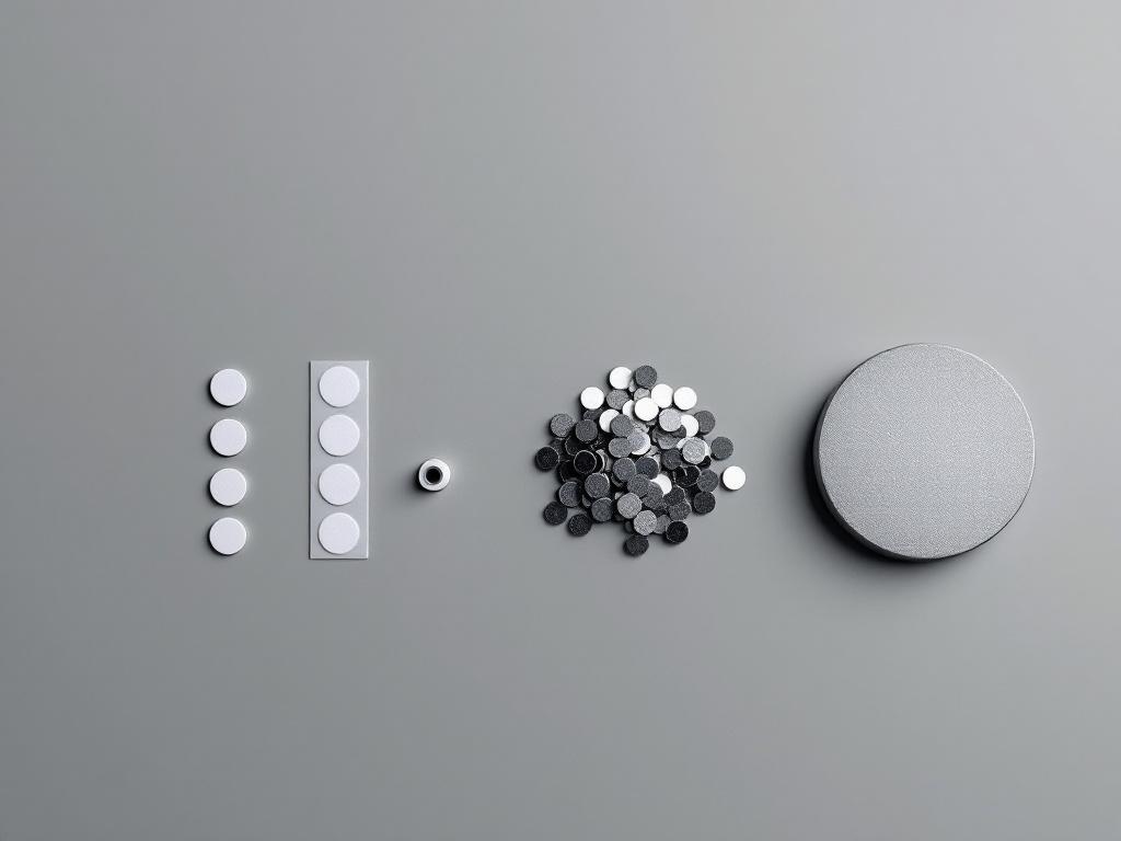 Flat-lay product shot showing four marker types side by side on a neutral grey surface: (1) a strip of white adhesive reflective markers (12.5mm), (2) a small pile of magnetic-backed reflective targets, (3) a single LED active marker with visible hou