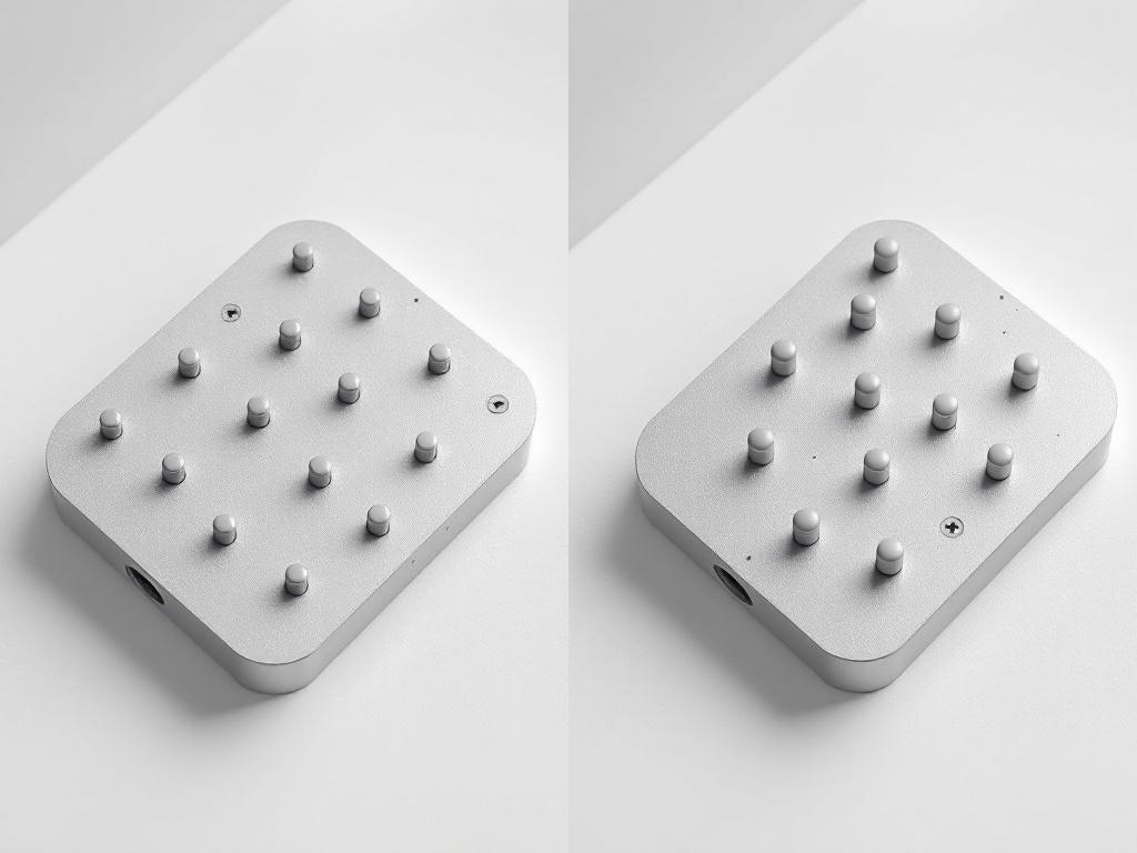 Side-by-side comparison shot of the same machined bracket photographed twice on the same surface. Left: WRONG placement — markers all clustered on the top face, all in a regular grid pattern, two markers placed on a chamfered edge. Right: CORRECT pla