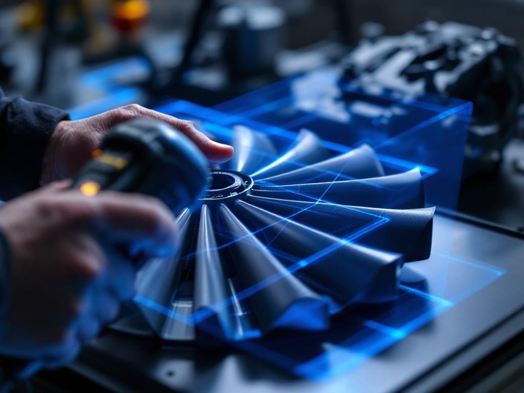 Hero — handheld structured-light scanner being used on a mid-sized industrial part (turbine blade or automotive component), operator's hands visible, blue grid pattern projected on surface, shallow depth of field, wide aspect ratio