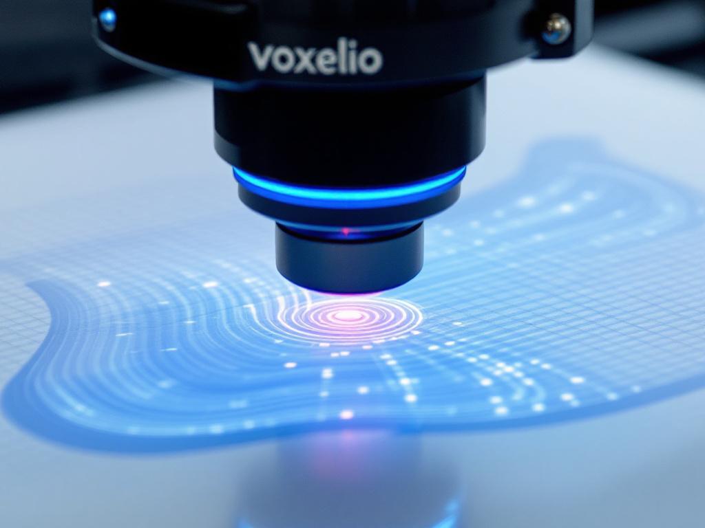 Close-up of a structured light scanner in operation on an industrial component, projected blue or white fringe pattern clearly visible on the part surface, deformation across part curvature is the visual hook