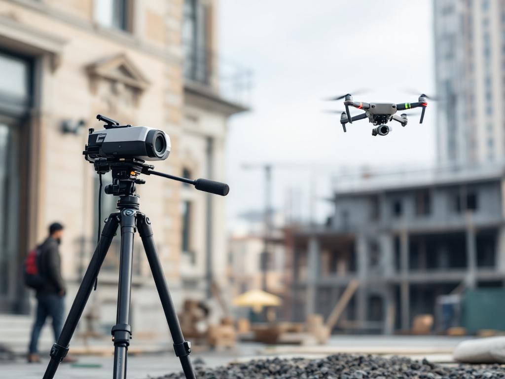 Outdoor scanning scene — terrestrial laser scanner on tripod in front of a heritage facade with operator nearby, OR a quadcopter drone in flight above a construction site with the site visible below; scale must be obvious