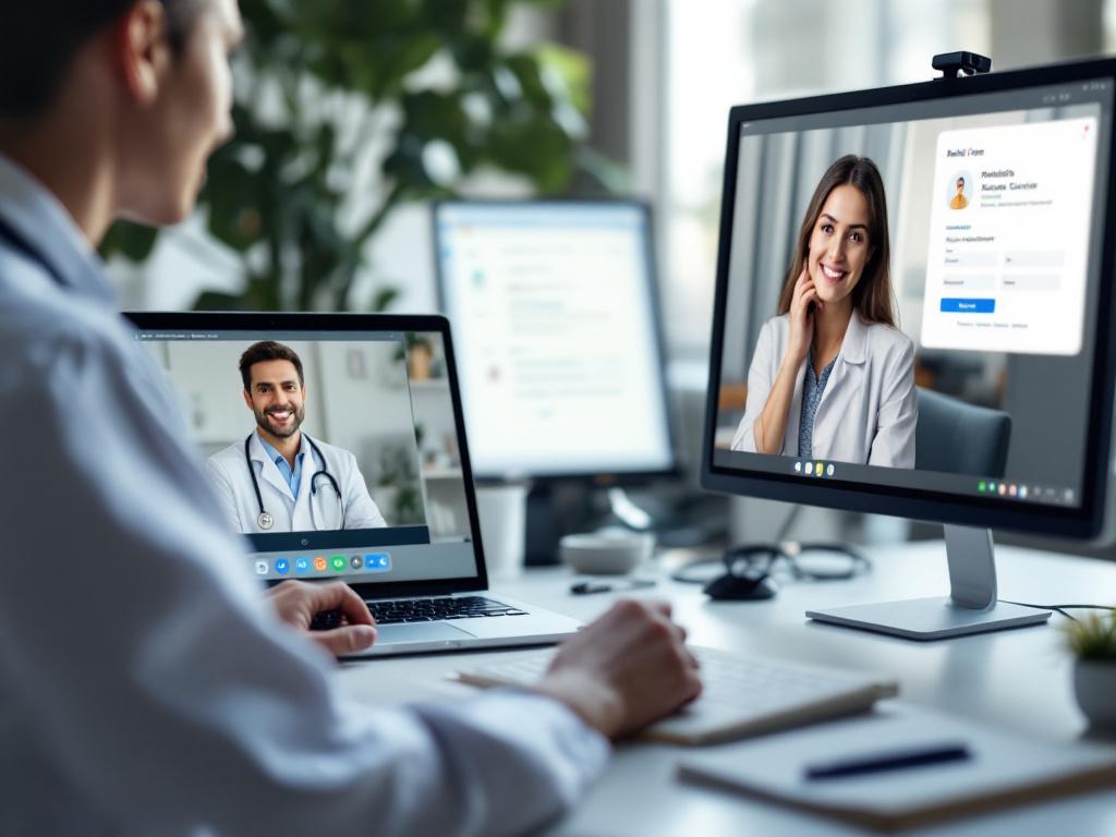 A clinician at a desk during a video consultation on a laptop, with a second monitor showing a patient intake panel. Soft natural light, shallow depth of field, no identifiable faces on the screen. Conveys remote care workflow.