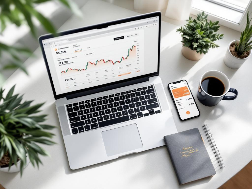 Clean overhead desk shot — laptop displaying a generic exchange dashboard (no specific brand visible), smartphone next to it showing an authenticator app code, a small notebook with handwritten notes, a coffee cup. Daylight, natural shadows, no stock