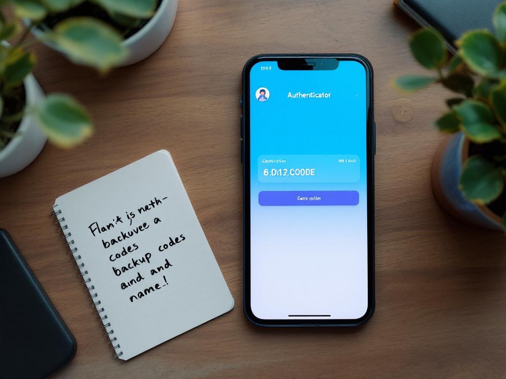 Flat-lay of a smartphone displaying an authenticator app (generic 6-digit code visible, no real account names), a small index card with handwritten backup codes partially visible, and a hardware security key (YubiKey-style) beside the phone. Wood des